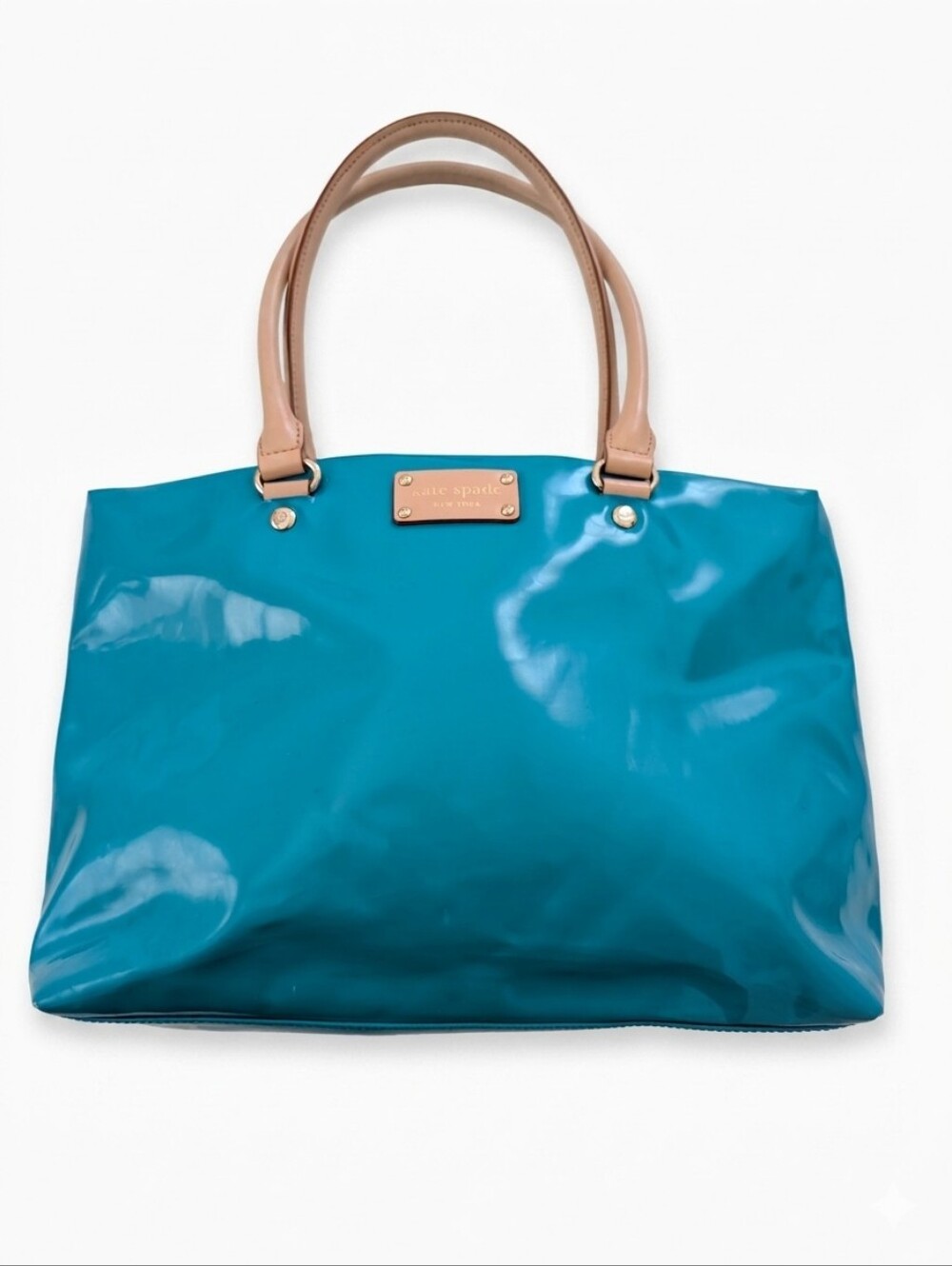 KATE SPADE Rudy Henry Street Bag with Newspaper Lining Teal Patent Tote